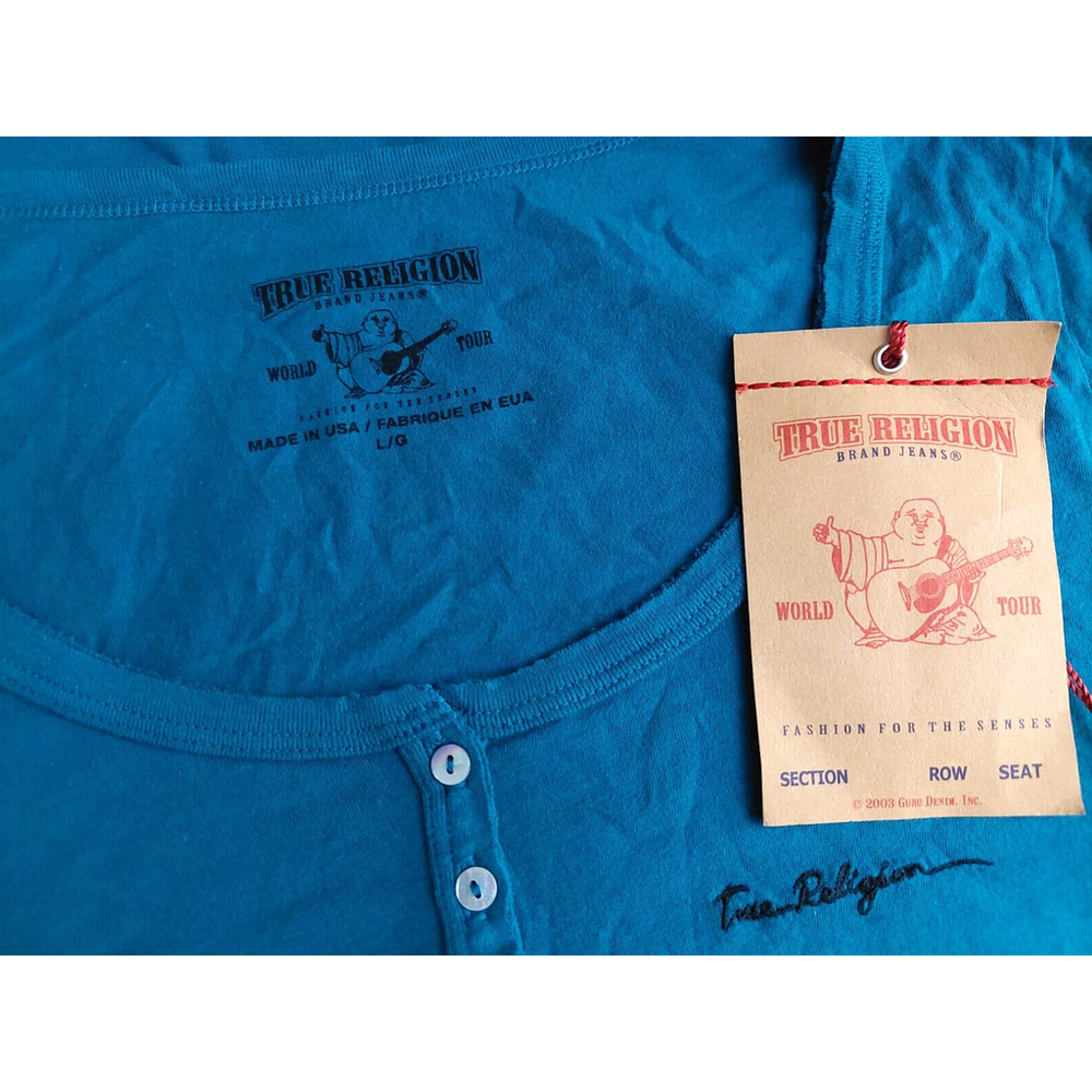 True Religion Brand Long Sleeve Signature Logo Cotton Henley Shirt Medium $78 - Picture 16 of 16
